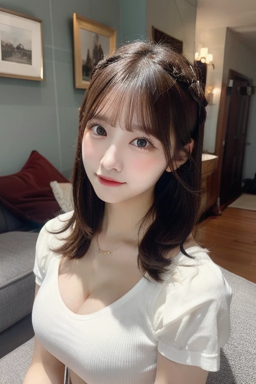 Tabletop, Highest quality, figure, Super detailed, In detail, High resolution, 8k wallpaper, Perfect dynamic composition, Beautiful attention to detail, Wear fluffy home wear,,Natural color lip, cuteポーズ,20-year-old girl、cute、Looking at the camera,Background Blur,KPOP idol faces,futon(but)