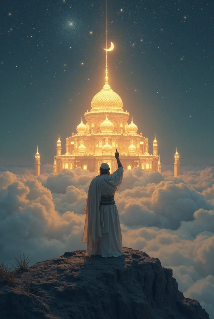A huge, gigantic mosque on the back of the clouds in the sky, with lots of lights and lights, and giant clouds, white and gold..
High accuracy, Ultra-high-resolution display, Very detailed, luster, halo on head, color deviation, glowing light, Rays of God, A picture of bliss.
Muslim man holding phone