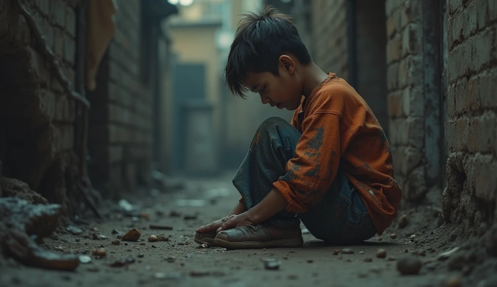 Poor boy wearing Chelsea shirt is a pauper and begging others for money on the street