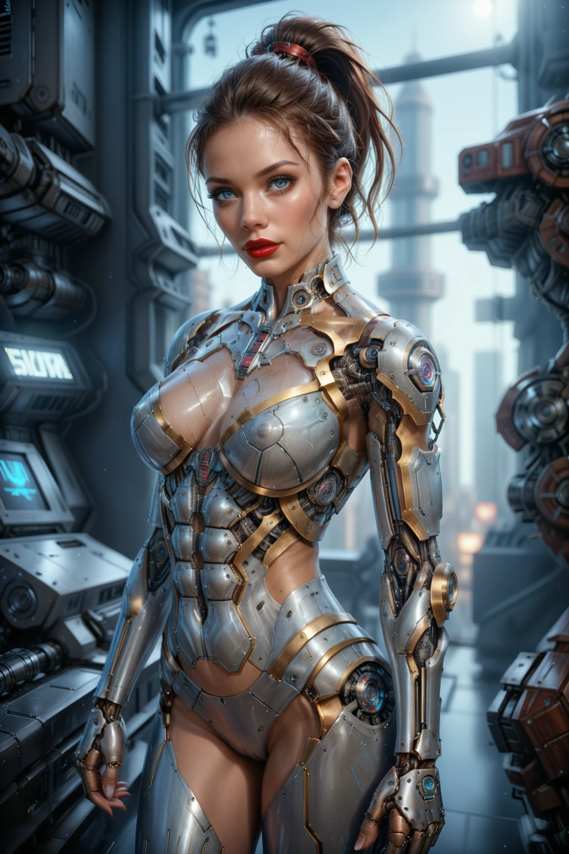 (best quality,4k,8k,highres,masterpiece:1.2),ultra-detailed,realistic,mechanical,punk,steampunk,cyberpunk,girl,beautiful detailed eyes,beautiful detailed lips,extremely detailed eyes and face,longeyelashes,mechanical girl,metallic body,cybernetic implants,leather clothing,high-tech goggles,wrench,metallic gears,industrial background,cityscape at night,neon lights,sci-fi technology,glowing tattoos,intricate patterns,gritty atmosphere,dark and moody,edgy,urban,machinery,retro-futuristic,tone mapping,blue and purple color scheme,dramatic lighting,smoke and steam effects