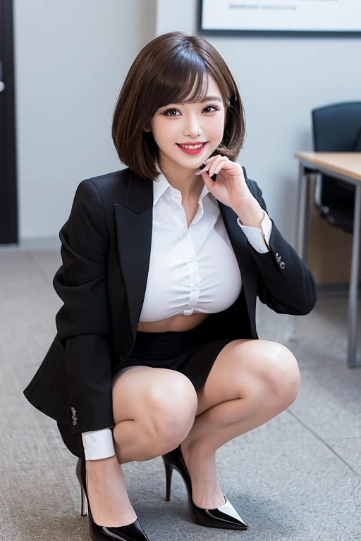 of the highest quality, 8K, Beauty, Office Lady, Slender body, Smiling，Big, bob cuts, Ash brown hair, (Squatting, Open legs: 1.3, Show off female genitalia: 1.5), Super Detailed Face, very detailed lips, detailed eye rack business suit, Jacket, Blue blouse, Black tight skirt, White bra, (((I'm not wearing panties:1.0)), camel's toe, high-heels), Office, Office, desk work, personal computers，((female genitals are clearly visible:1.0)) ，((Taking off your panties:1.0)), (Draw completely from head to toe),