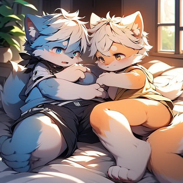 Two people,Wolf head,Wolf tail,boy,Muscle tissue,Sexy blue ears,Blue Hair,Hair on arms,Hair on legs,The whole body is covered with fur,black,Barefoot,Red Collar,Face-to-face audience,Caress,sit on the floor,Boy has a strong sexual desire,shy,Sweating(From dagasi: 1.1)