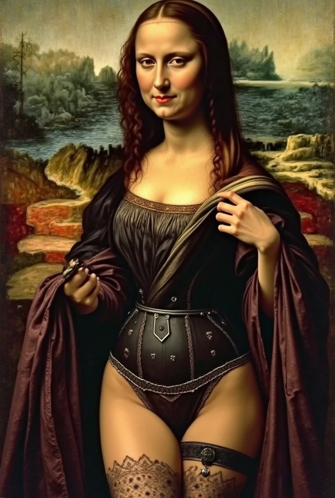 Foto, Ultra Resolution, HDR, obra maestra, foto realista, super sexy  Monalisa, diadema en su cabeza, princesa Monalisa, senos muy grandes, cuerpo exuberante casi perfecto