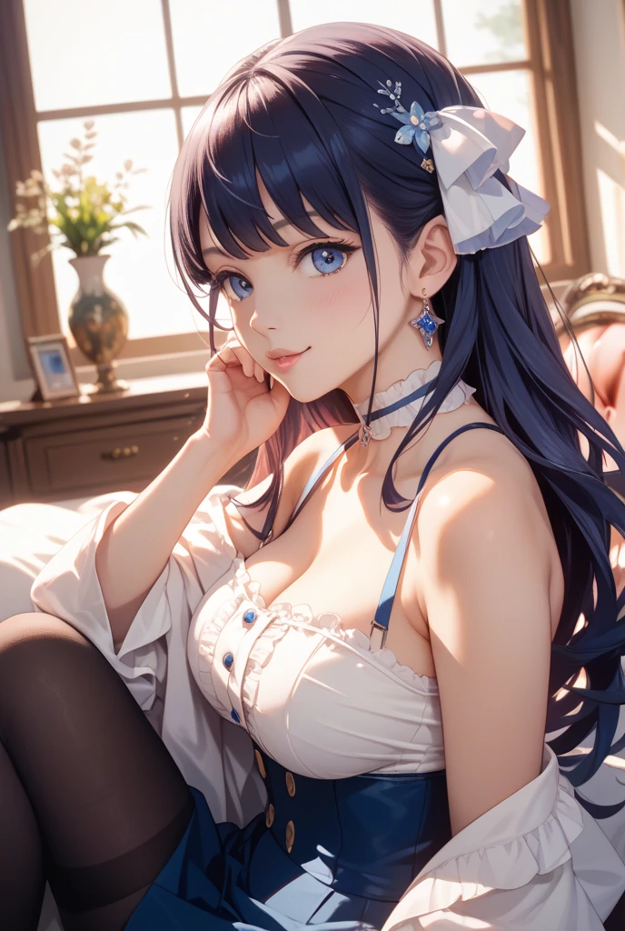 ultra-quality, ultla highres, Hyper Detailed, High contrast, Ultrafine Strike, creative refinement,A dark-haired,Blue lingerie,ssmile,blue corset,Blue garter belt,Show Pub,5 fingers on hand