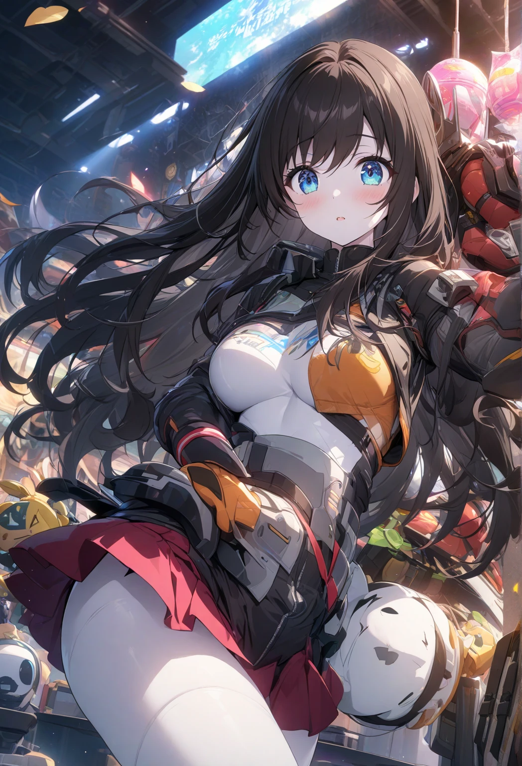 Two girls in anime combat uniforms make love while jumping on a zero-gravity spaceship,Half Nude.Two pretty girls,Very embarrassed look'looks like me'I'm about to cry,red blush,Accurately drawn face,Hug me from behind and blame my boobs and crotch,intimate lesbian couple,slender and large,tre anatomically correct,Precise fingers,Sci-fi anime battle suit in different colors,When to take off clothes,,wide open front zipper,I could see her cleavage and navel.,jump as if floating, Hug and love each other,Inside the anime spaceship,masterpiece,Best Quality,Lesbian sex,Half-nude with a lot of exposed skin.