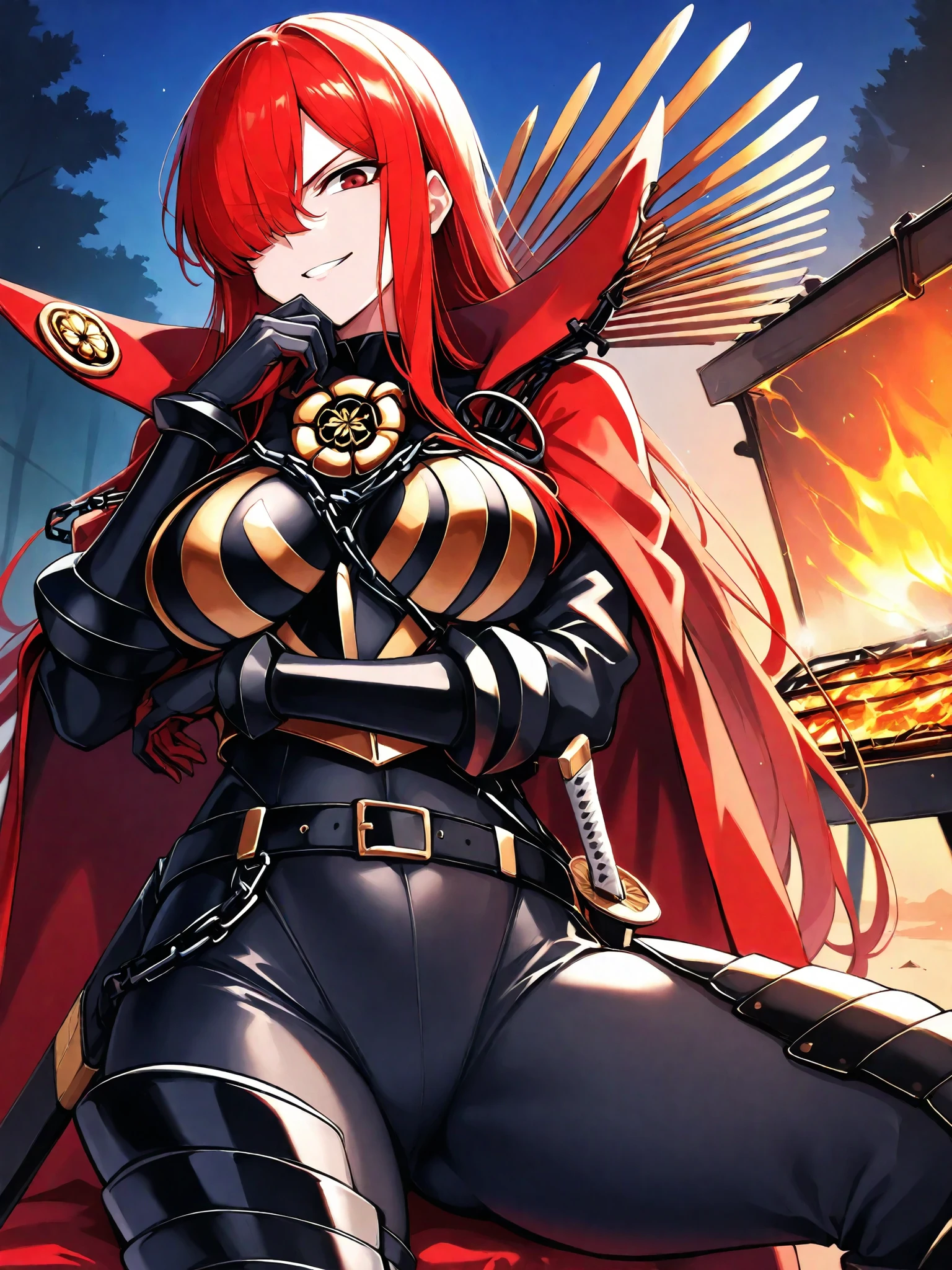 score_9, score_8_up, score_7_up, source_anime, oda nobunaga maou, hair over one eye, long hair, red eyes, red hair, large breasts,, armor, belt, black bodysuit, bodysuit, bracer, breastplate, cape, chain, collared cape, family crest, medallion, oda uri, popped collar, red cape, sheath, thighs,, backyard, barbecue, grilling, laughter, summer evening, , , hand resting on chin, solo,, cowboy shot, dutch angle