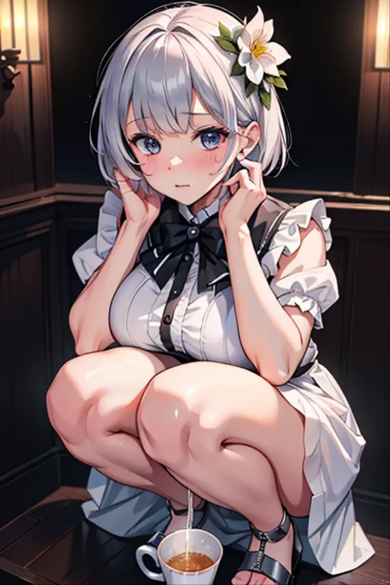 (A masterpiece of image quality in 8K),(from below:1.2),(Beautiful Allafed Woman),(((emphasizing breasts:1.0))),(Dynamic angles),(Dynamic and sexy bending pose:1.3),(sit a chair:1.3),(Short hair in shiny silver and orange inner colors,(perky chest:1.1), (pointed chest:1.3),small full breasts,Disturbance of clothing due to movement,breast slip,(Ponytail twisted buns adorned with elaborate braids and beads,Braided Setup Fishbone Hair,),(see-through bangs),small breasts、(((A white lace apron that shows your bare skin from under your small breasts)))、Blush with embarrassment、Enraptured eyes、A smile that beguiles the viewer、(Look back:1.2)、Look into the photographer,skin glistening with sweat,gazing at viewer,,(Professional Lighting),(8K,masutepiece,top-quality,Ultra-high resolution output image,),(Ultra HD with complex detail image modes),depth of fields,Beautiful hands,Beautiful fingers,Detailed finger features,(Detailed hair features:1.7),detailed facial features,detailed clothes features,