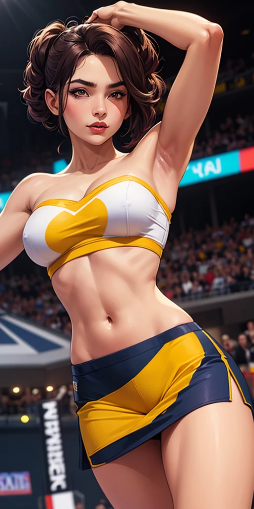 Generate an image of a blonde woman wearing flashy yellow clothes and holding maracas while dancing. Set her in a vibrant and energetic performance setting, such as a lively stage with colorful lights and cheering audience, or a festive event with music and dancing. Capture the charisma and excitement of her performance, showcasing her passion for entertaining and engaging with the crowd. Enhance the image with elements that symbolize entertainment and energy, creating a visually captivating and dynamic scene.