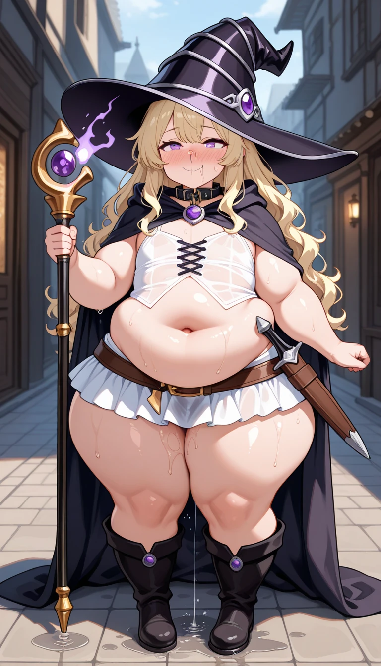 Blonde hair, blue eyes, pelvic curtain, sexy outfit, open stomach, adventurous outfit, masterpiece, thick thighs, big breasts, :D, big belly, small crown, best quality, massive breasts, chubby,