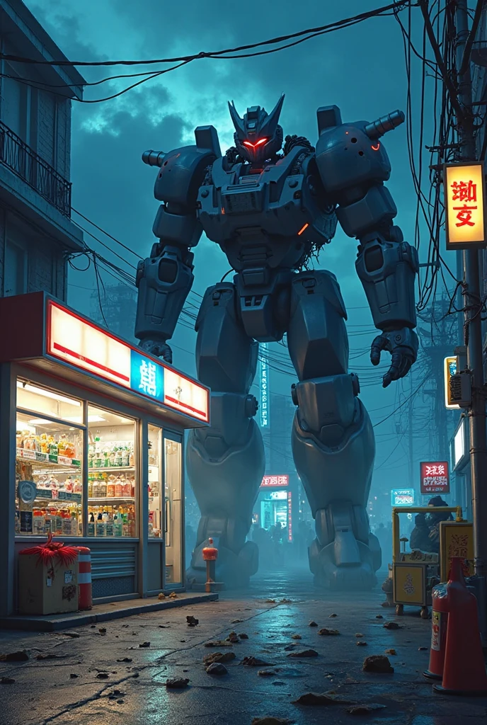 (best quality,8k,highres, masterpiece:1.2).(anime style),ultra-detailed, HDR, UHD, studio lighting, ultra-fine painting, sharp focus, physically-based rendering, extreme detail description, professional, portraits, concept artists, dramatic lighting,In the middle of the night, a giant robot fighting a huge extraterrestrial life form has its cockpit in a convenience store, where there are clerks and shoppers, with customers checking out at the cash register.