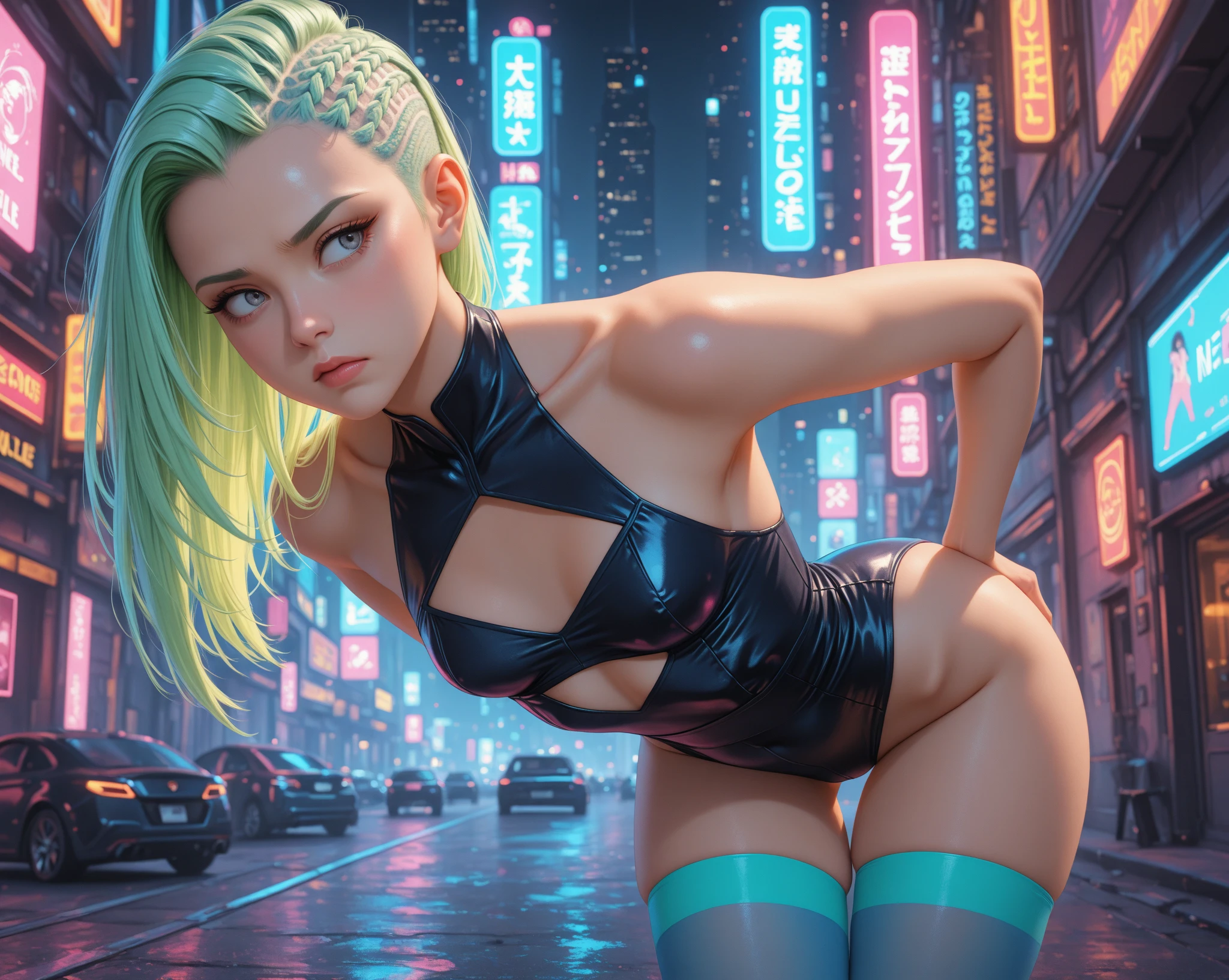 Highly detailed 4k realistic photo ((whole body, including legs)) of the beautiful 18-year-old turquoise-haired Anglo-Saxon girl with sweaty turquoise hair with ((pointed jaw)) and perky breasts, in wet underwear with a wet and transparent bra with a deep neckline, evening, beautifully drawn hands, (cyberpunk: 1.2), neon lights, ramen shot, neon signs, cars, tank top wet, small skirt