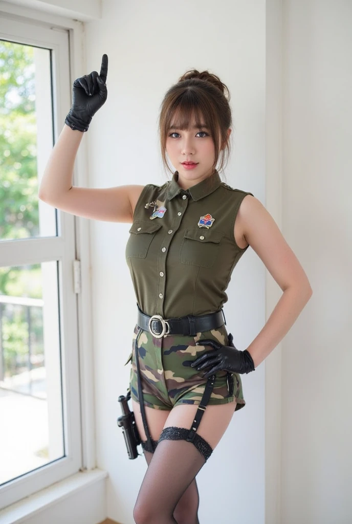 ((masterpiece、highest quality、realistic、Super detailedな、High resolution、Photoreal、sharp focus))、Beautiful woman、(cowboy shot)、super big breasts、mature woman、Big eyes、soft skin、pale white skin、Raise your chin slightly、closed your mouth、slight smile 、sad expression、Beautiful detailed short hair with bangs、((Army camouflage uniform))、((Camouflage Tactical Vest))、((camouflage pants))、Combat Gloves、machine gun with strap、((Black undershirt))、Tanks on the background、white smoke、detailed hand drawn、((((take off pants))))、(((wearing white panties)))、((delicate pictures)),(Detailed RAW photos of girls), (pieces fly:1.25), (highest quality:1.6), (超High resolution:1.5), (that's photorealistic:1.75), 8K resolution, Canon EOS R5, 50mm, confused, Super detailed,cinematic lighting,