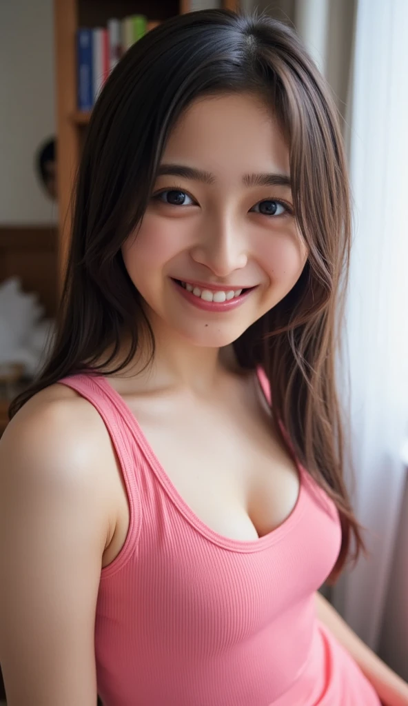 Highest quality, masterpiece, Ultra-high resolution,8k,((Toothy smiling portrait:1.4)), (Realistic:1.6), ((A radiant smile)), RAW Photos,((Stylish T-shirt pleated mini skirt)),((Soft looking breasts)),((Full body photo)),1 person,Slim 22 year old adult female,(Full of smiles, )) ,((Ponytail and hair tie)),((Ribbon in hair)),((Looking up at the audience)),Face Focus:1.4,((Photographed from above with a fisheye lens:1.2)),
