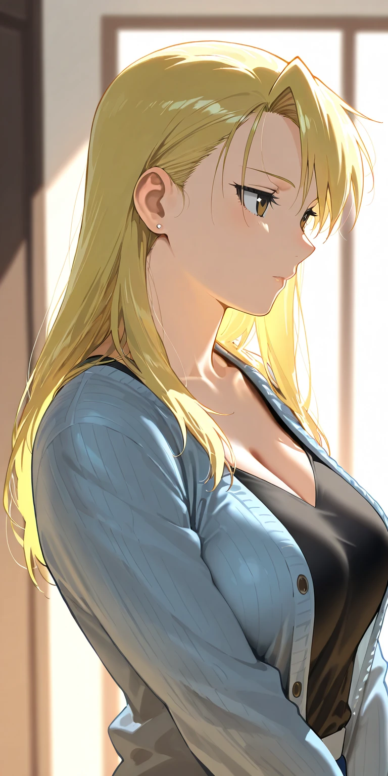 (best quality, highres), portrait, upper body, cool type adult woman, long hair, swept-side bangs, [[[brown hair]]], blonde hair, brown eyes, turtle neck tank top, big breast, plain wall, ultra detailed cg,
 