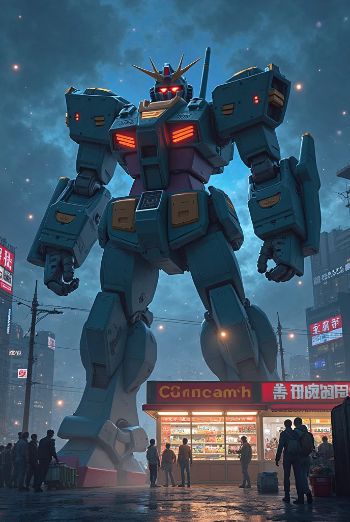 (best quality,8k,highres, masterpiece:1.2).(anime style),ultra-detailed, HDR, UHD, studio lighting, ultra-fine painting, sharp focus, physically-based rendering, extreme detail description, professional, portraits, concept artists, dramatic lighting,In the middle of the night, a giant robot fighting a huge extraterrestrial life form has its cockpit in a convenience store, where there are clerks and shoppers, with customers checking out at the cash register.