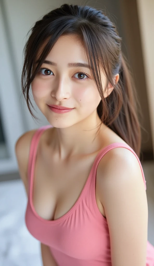 (Japanese Idols, 1 girl, Unparalleled beauty, Seduce, smile, Small face, Perfect Style, Body based on human mechanics, RAWphotograph, Real person:1.4) photograph, (Professional Lighting), (((Highly detailed face))), ((double eyelid)), (Boobs Sharp Focus:1.4), (Brown Hair, ponytail, Elegant light make-up, eyeliner, mascara:1.4), Huge breasts, Beautiful smooth skin, Soft Skin, 20-year-old, ((slender body)), (Pink dress, I can see her cleavage, Tifa Lockhart:1.4), Attractive face, NSFW,