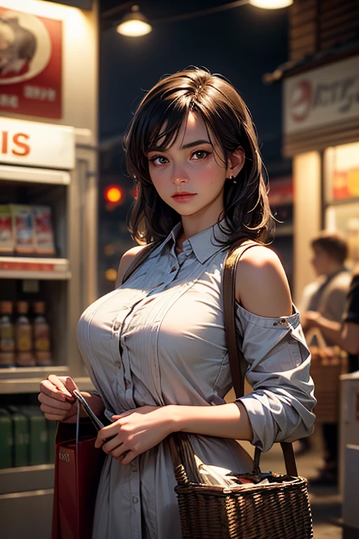 sexy girl as cashier at a big store, cleavage, uniform