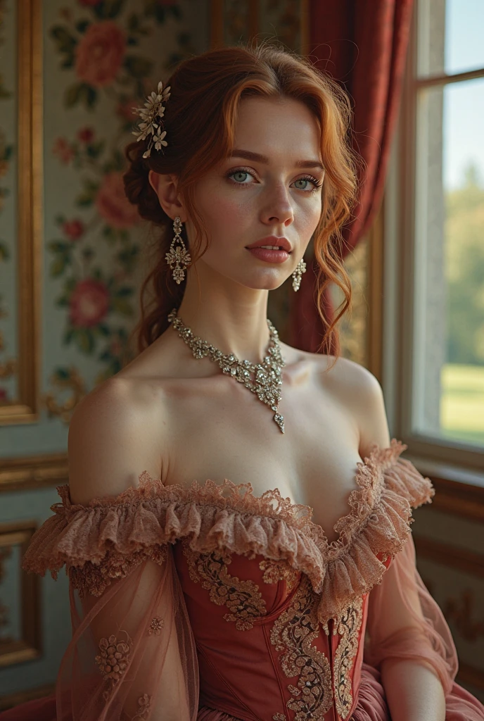 sexy, (seductivesmile:1.1), mysteriousatmosphere, (fantasy:1.4), florest scenery, (edgfd ballgown:1.5), (fantasy dress:1.1), (long dress:1.1), (ballgown with a lot of roses:1.1), hearts, flowers,, (masterpiece, high quality, best quality:1.3), extremely detailed, extremely intricate, realistic, hyperrealistic, fine texture, Extremely high-resolution details, 2 young,, (reddish hair:1.3), almond eyes, (green eyes), [long hair], [curly hair], (eye shadow:1.1), 162cm tall, oval face, snub nose, heart-shaped lips, (arched eyebrows), (skinny:1.1),  red dress, pink shiny lipgloss, big diamond earrings, big diamond collar, big breasts 