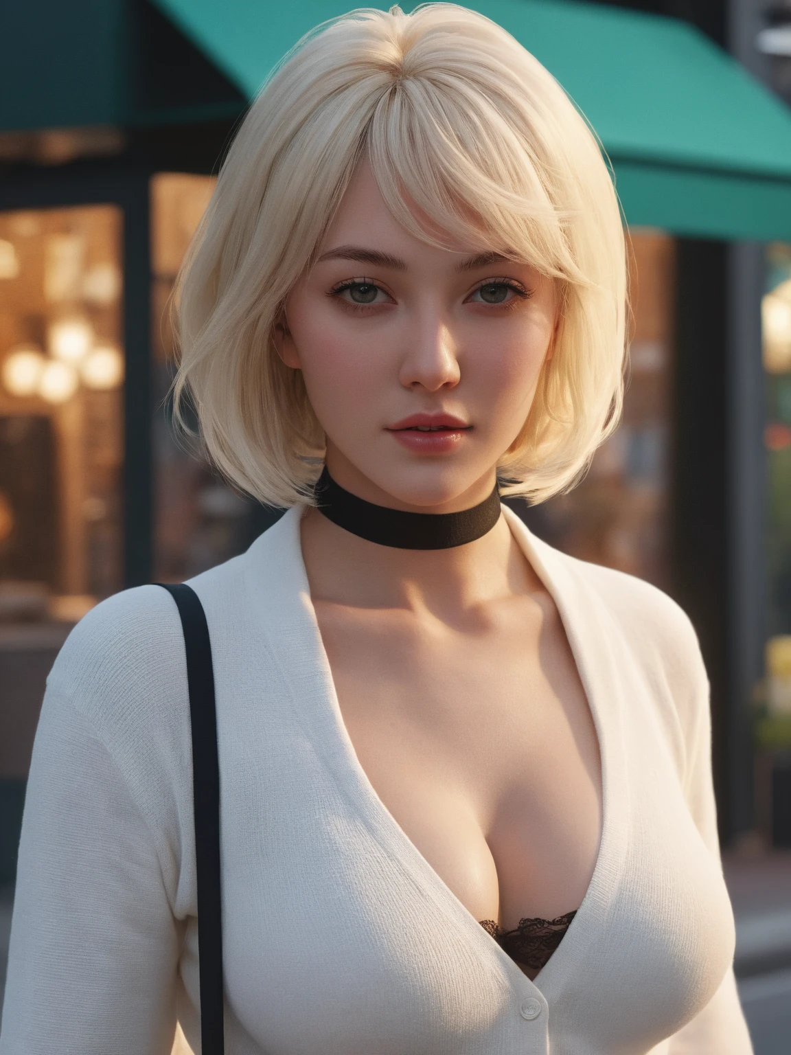 ((full body focus)),((full nude)),(1woman),blonde,(office hairstyle),(far front view),stand pose,expressionless,25 years old, beautiful woman,green eyes,small face,(looking at the viewer),slim figure,thin lips,small nose,small eyes,(Slanted Eyes),monolid,Narrow eyes,(at night time) (in city street,),Standing upright posture),symmetry,