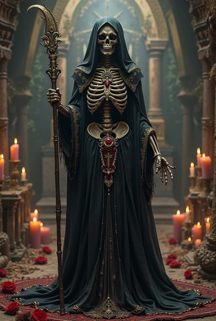 Holy death, calabria, skeleton, death, High resolution,Look at the viewer, White dress, scythe, Whole body, In the dark, altar, try, luxuries,adored.