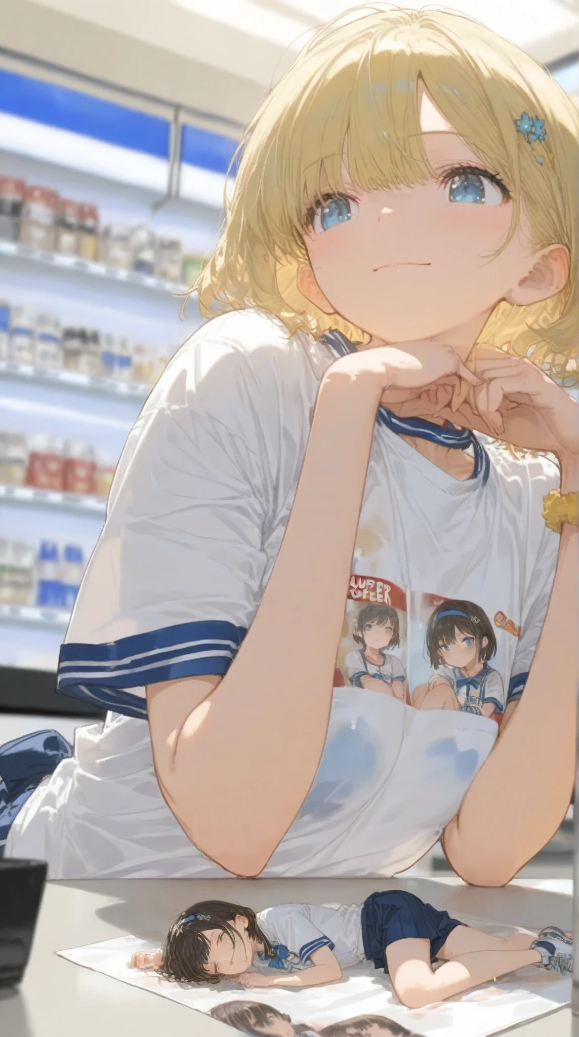masterpiece、highest quality、be familiar with、1 female、18-year-old、Transparent blue eyes、blonde、black skin、((embarrassed face、blush、Watery eye、full of embarrassment、oil skin、shiny wet skin)), short hair、Seductive thighs、big breasts、big breastsの谷間、Women lining up at the cashier counter、A female shopper puts a condom on the checkout counter、((super Oversized plain オフショルダー T-shirt)),wet, ((steam,sweat)),