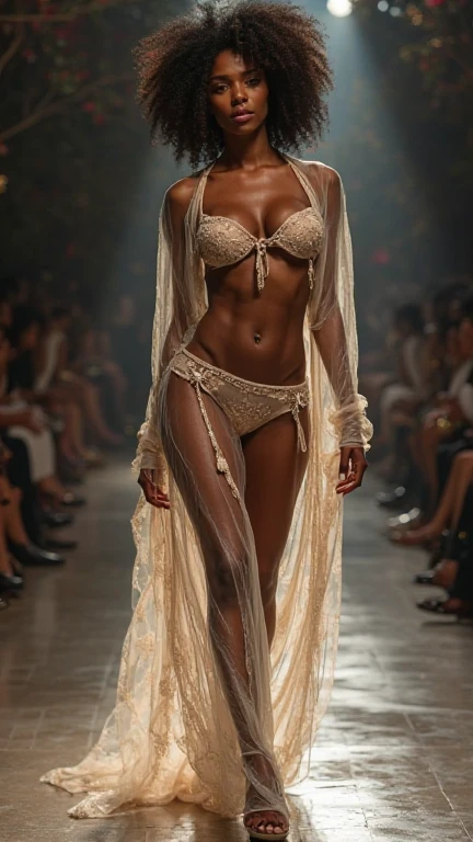 Photorealistic image of an erotically dressed, mature, and confident African American woman, which stands into a luxurious hotel entrance. Long black curly hair, beautiful sparkling eyes, seductive smiling
