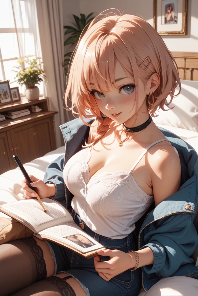 (Masterpiece, BestQuality:1.3), (ultra detailed:1.2), (hyperrealistic:1.3), (RAW photo:1.2), High detail RAW color photo, professional photograph, (Photorealistic:1.4), (realistic:1.4), professional lighting, perfect anatomy, (Big Breasts:1.2), (blush, detailed face), (cheerful Smile:1.5), Trending Hair&Trending Hairカラーをランダムに, earrings, necklace, bracelet, sexy, erotic sexy, Random sexy gravure poses, (In the bedroom at night、A beautiful pink-haired woman in sexy white lingerie is reading a book while sitting on her bed。Hair curls、Reading a book with a concentrated expression。:1.3)