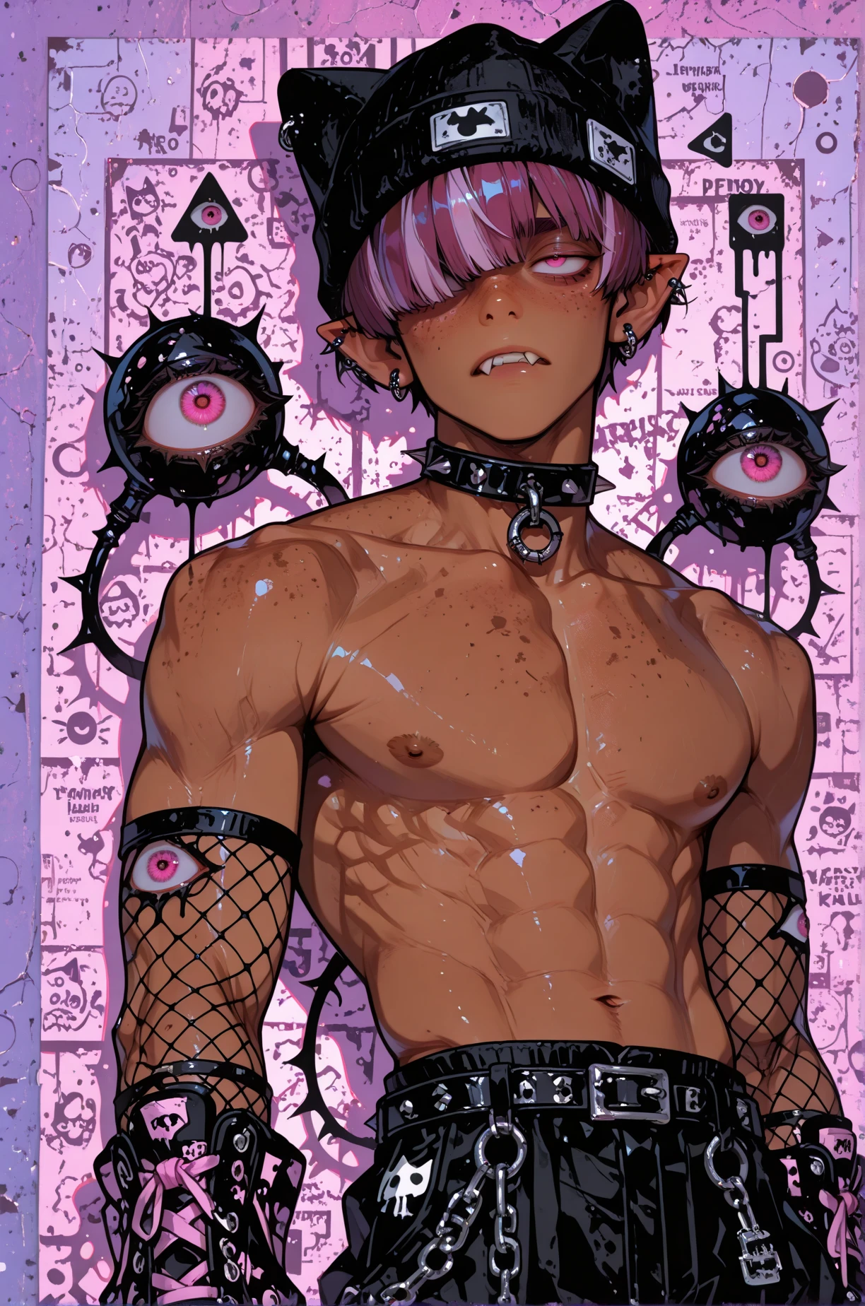 A 14-year-old boy with short dark hair is locked in a cell with a pink collar around his neck and handcuffed...,The collar is attached to the wall..,The chains on his body were tied to his back.,On knees,Body dirty skinny body,Pathetic and helpless look . , shirtless, lip and ear piercings, falling water drops
