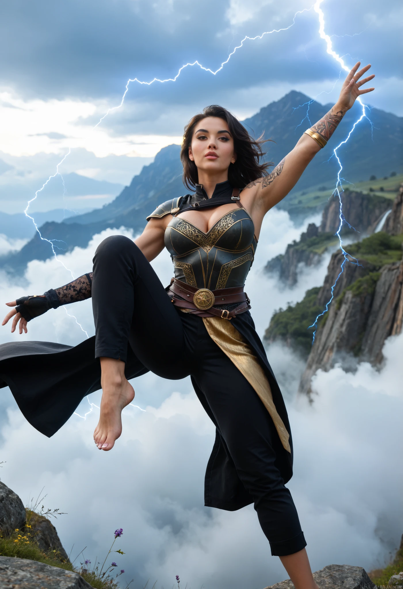 (score_9), (score_8_up, score_7_up), (masterpiece:1.5), (best quality:1.3), (very aesthetic:1.2), (hyper-detailed:1. 05), 8k, ultra-HD, newer, depth of field, (perfect fingers), (realistic), eyeshadow, highres, newer, solo, dynamic pose, dramatic angle, sexy, 1girl, solo,(lune, ((black hair)), brown eyes, gold tattoo on arm, gold tattoo on leg:1. 2), ((black armor, clair obscur 33 expedition, pants, one arm glove:1. 2)), barefoot, floating, floating, floating, floating in the air, bare feet, bare feet, bare feet, magic glow, ((magic, electricity, lightning element, glow, glow, colorful, wind, fog)), pale skin, arched eyebrows, small nose, upturned nose, full lips, slender body, large breasts, toned body,wide hips, big ass, flexible body, slender waist, flying, sky,