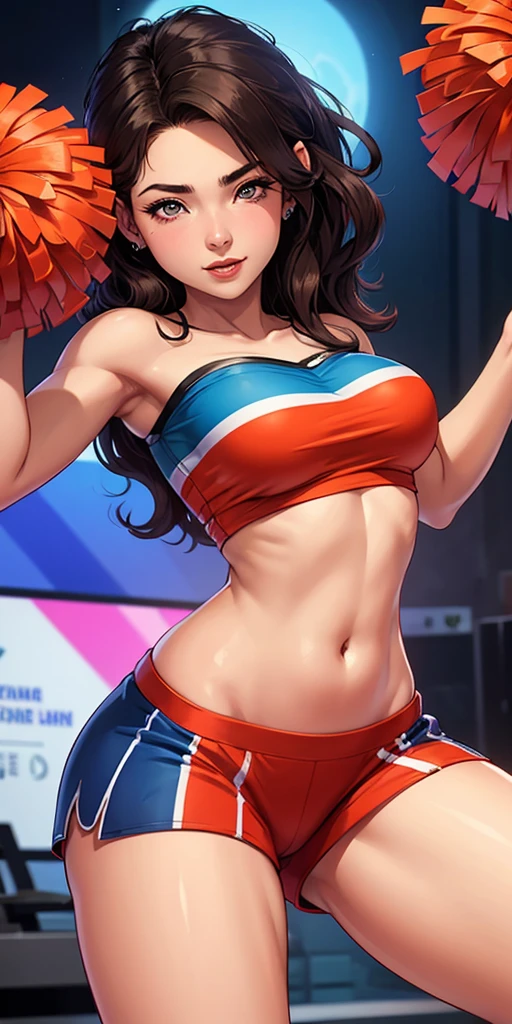 (Best quality, High-res, Masterpiece:1.2), Energetic, vibrant, Spirited, cheerful big breasts, 1 girl, cheer leader, Hair accessories, Lively, Positive, Energetic girl, Ethos
