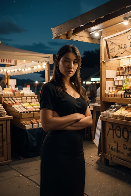 Alexandria Ocasio-Cortez, Mature MILF Prostitute, Massive Enhanced Breasts, Freckles, Black Dress, Sitting on a sidewalk bench, Purse on her lap, Holding a small contraceptive condom packet, At night, Crowded Sidewalk, New Orleans, French Quarter, Brothel