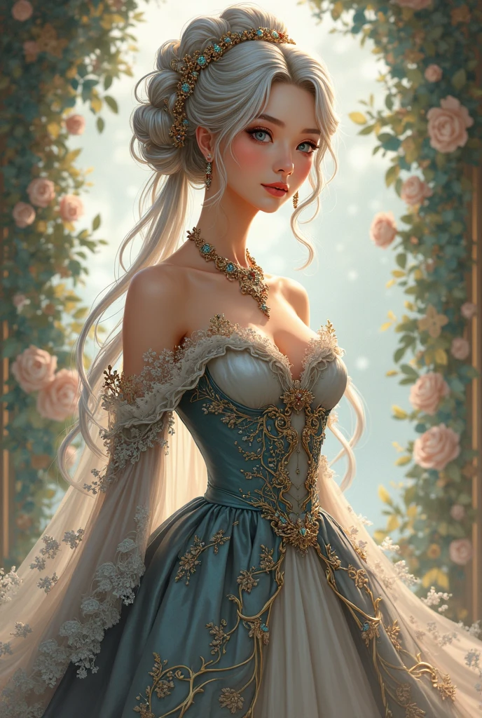 Create a realistic fantasy scene featuring a proud woman in an enchanted pastel garden. She wears a French silk ballgown adorned with ruffles and bows. Her face, highly detailed with soft lips, shines with intricate features and stunning eyes. Surround her with eternal roses in shimmering shades. Add whimsical details like stars, bubbles, and glitter for an enchanting touch. Ensure perfection in her face, hair, body, and eyes. Incorporate elements of high fantasy, whimsy, and detailed elegance. Photorealistic, 8k, vivid colors
