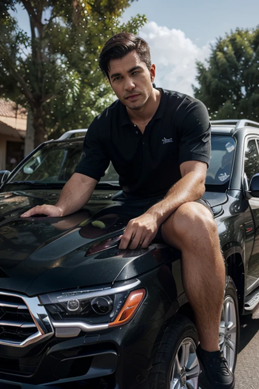 1 homem,homem musculoso de 40 anos,pele , cabelos brancos, com cavanhaque, serious face, he is only wearing black underwear,corpo musculoso e detalhado, do lado de um Carro Honda Civic tipo-r,