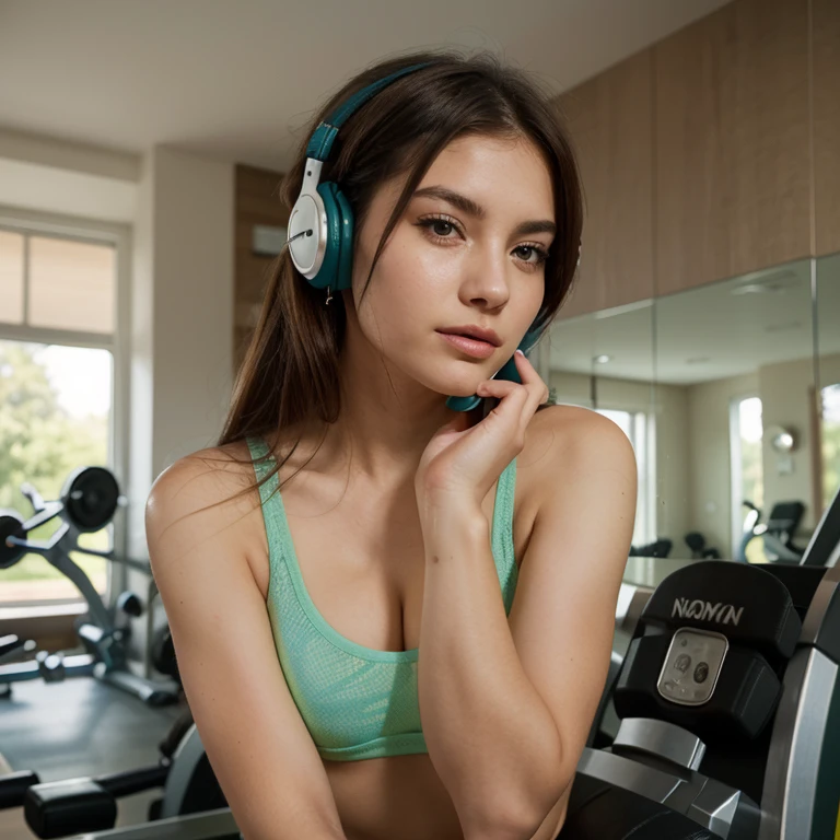 woman working out in bedroom with headphones and watch