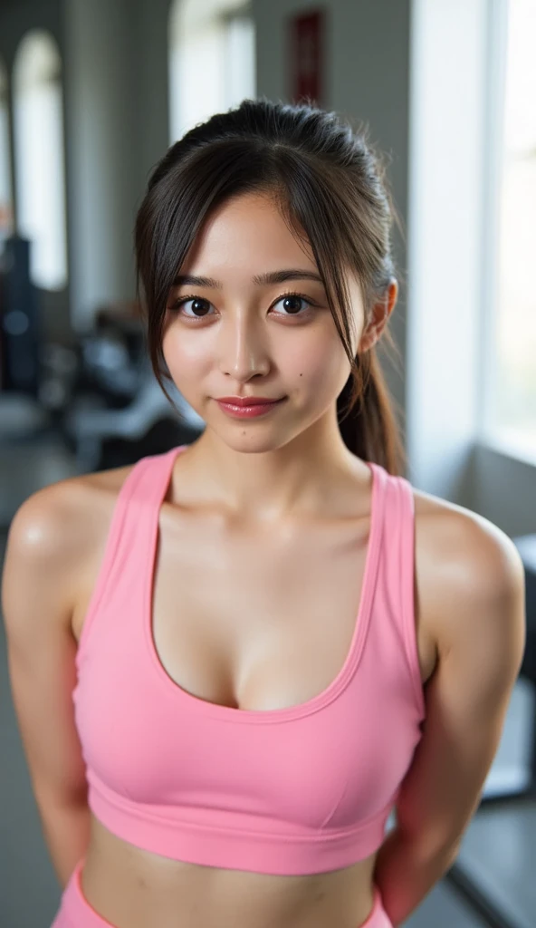 Highest resolution, 4K, Masterpiece: 1.3), A Japanese milf, photo of one lady, Sexy, fine eyes, Slender figure, Realistic teeth, double eyelids, full body, best quality, detailed, yoga wear, at the gym, training, sweat, wet, muscle abs, naked