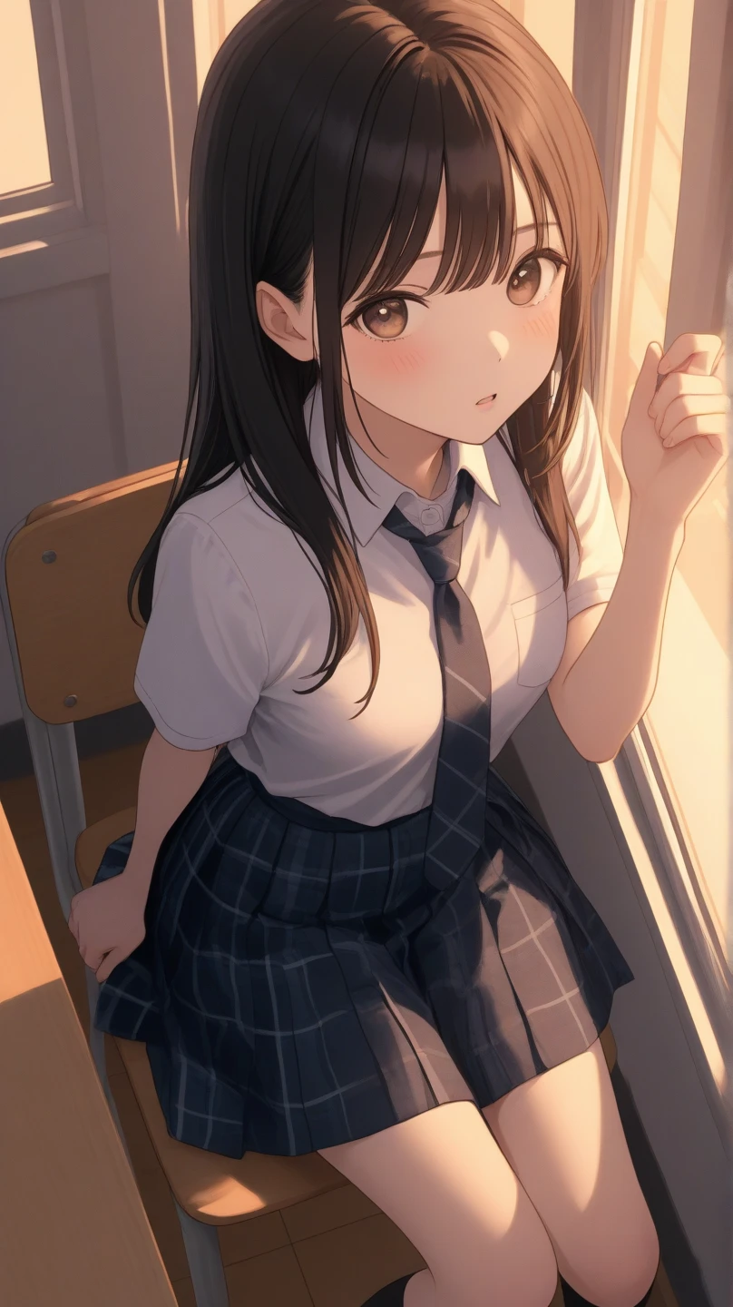 (masterpiece), (best quality), (ultra-detailed),(Style Princess:0.8), Solo, (1girl), (((pink and white panties))), (((skirt lift))), ((hold the skirt)), school uniform, Sexy, standing, cowboy shot ,classroom, girl with:((Her hands are holding onto the skirt)), hair is black ,Tied with a ribbon。eyes wide open.、whimpering, tearful, tears.、