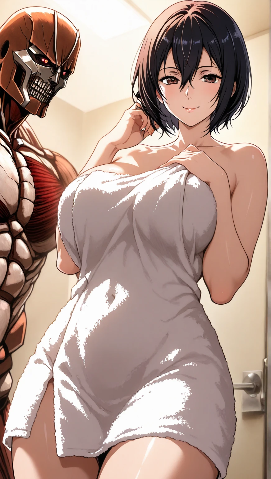 (Perfect body),Best Quality,(8K Portrait),(Official art)、((NSFW))、((adult woman))、((((SEX))))、(((((Muscular man kissing her)))))、((((A muscular man is grabbing her breasts))))、2boy、is crying、embarrassed from、1girl in,((((:o))))、Surprised、(blush),(Sweat),(((huge-breasted)))、(thick thighs)、(big butts)、((Brown hair)),(Parted bangs)、((Short hair))、((Forehead))、(white leotard)、 (Brown-eyed)、Cowboy Shot、Bedroom、lying on one's side、Hands behind the head、Armpits、From the front