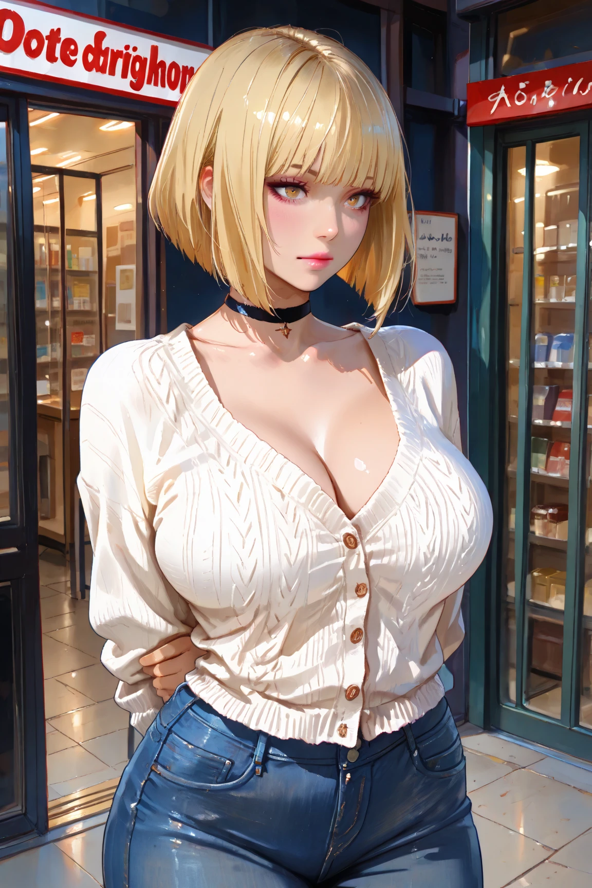 ((high-definition images, masterpiece, 8k, super detail, accurate, best quality, single shot)), a westerner women, blond braid hair, (blush, eyes realistic sizing, drooping eyes), smile, (casual clothes, skirt, fluffy down jacket), earrings, necklace, ((rubbing pubic against the table corner for masturbus on pubic, masturbation, largell, ceiling, (place where many people),
