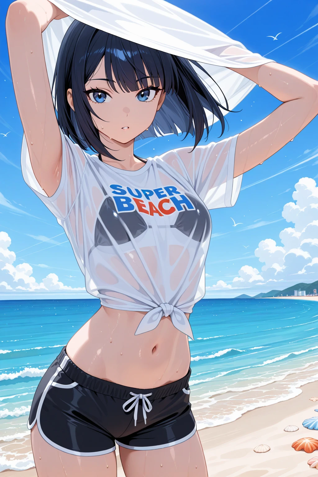 40' No bra, lower body, Japanese, very short, pubic hair, black underwear, beautiful breasts, embarrassing, Shyness, worries, Ocean,magenta polo shirt,black hair