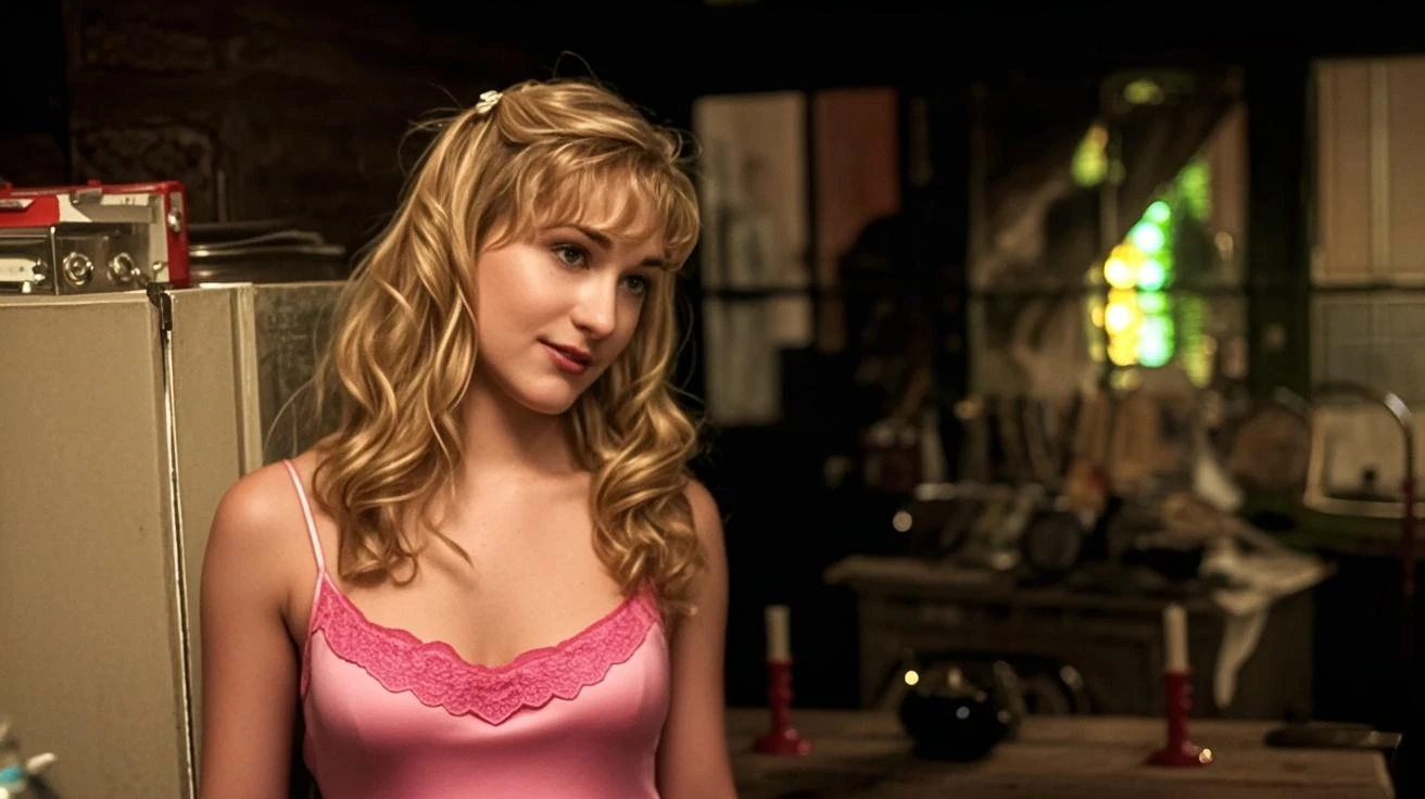 Jenna Boyd in sexy 80s style clothes with lipstick and smiling