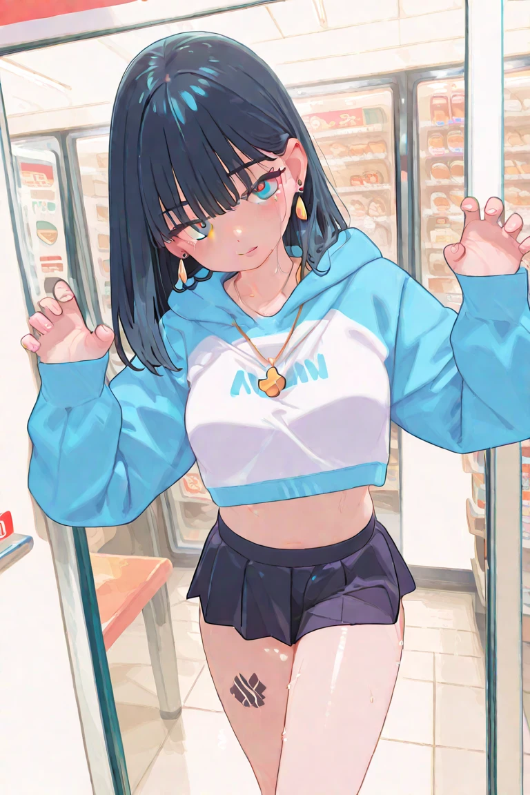 score_9、score_8_up、score_7_up、source_アニメ、1 person、solo、Staring at the audience、LucyKushinada、Multicolored Hair、Asymmetrical Hair、Multicolored eyeakeup、Sportswear、Sports Bra、Jacket、Outdoor、(vending machine)、Hands on hips、Spread your legs、Bloomers、Cloudy、wood、smile、Close your mouth