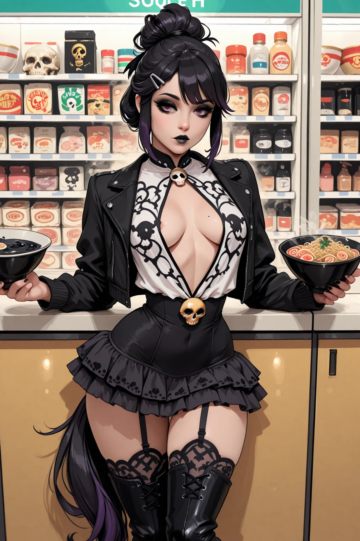 Elvira, masterpiece quality, detailed, realistic, (realistic:1.3), black hair, beehive haircut, wearing black dress, in a candy store, lots of candy in background, lots of sweets in background, small breasts, (small breasts:1.5), thin body, lots of cleavage,