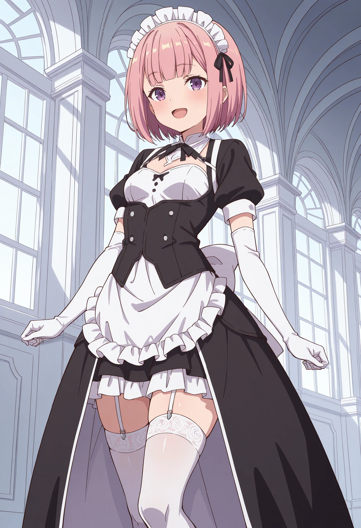 Score_9, score_8_up, score_7_up, source_anime, lululi ashford (girumasu), solo, short hair, pink hair, bob cut, blunt bangs, purple eyes, small breasts, (best quality), (high quality), {masterpiece}, extremely delicate and beautiful, ultra-detailed, beautiful detailed eyes, maid, black maid costume, short sleeves, puffy sleeves, white headdress, white frilled apron, white elbow gloves, white thighhighs, mansion, indoor, smile, open mouth, standing