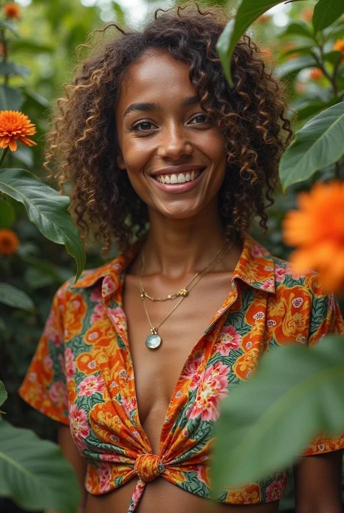 A Brazilian woman in a lush tropical garden, wearing an open shirt with a floral print, with a close-up capturing the harmonious beauty between her breasts and the natural flowers, showing off your natural charm and outgoing personality.