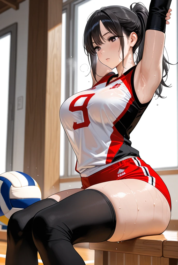 there is a woman in a black and white top and a volleyball ball, wearing a volleyball jersey, volleyball, Physically sporty, Sports bra and shorts, Sports bra and dark blue shorts, Buckshot, Service Organizations, lower angle, Tight black tank top and shorts, Japanese Model, Wearing a leotard, 白いWearing a leotard, West Shot,