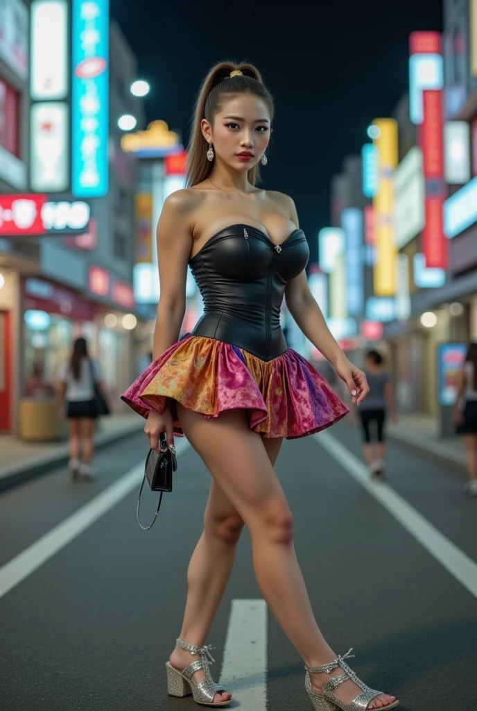 gorgeous kogal, heavy make up, slutty outfit, nighttime, standing in tokyo, bokeh, fisheye photography