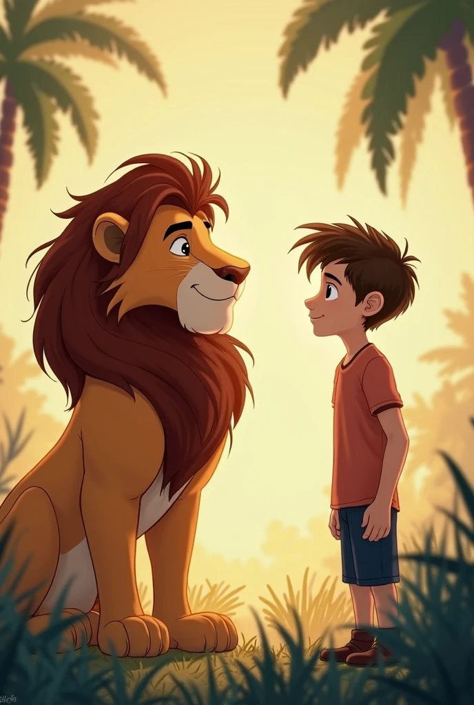 A boy with lion in jungle Around some other animal