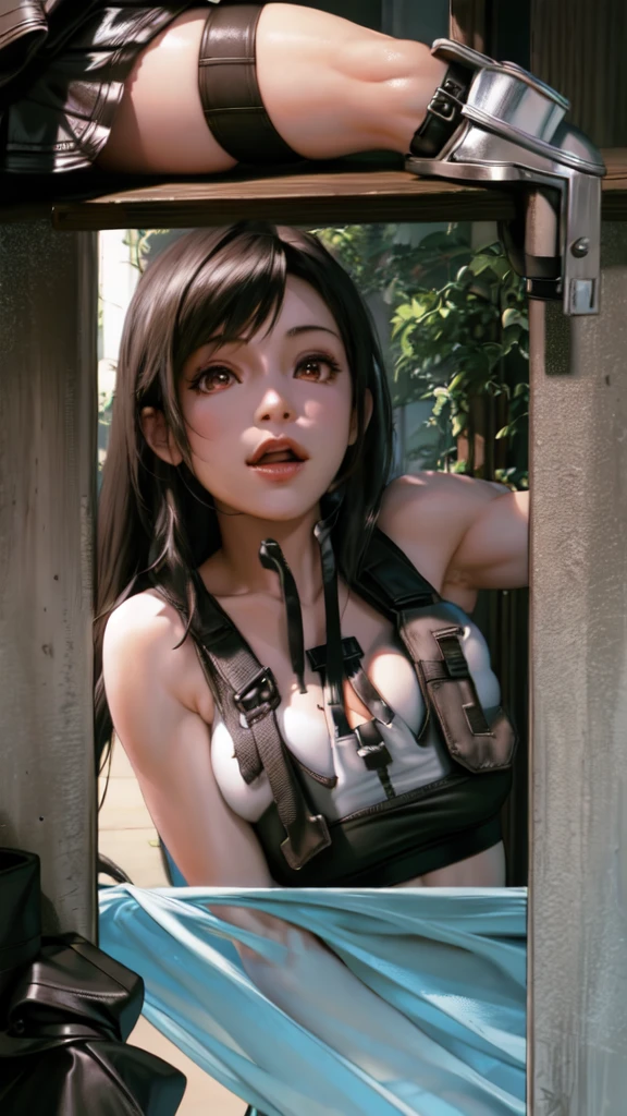 A Female robot is under construction in laboratory. Her body is faraway from head. She is laughing happily in bed room, spread legs, nude, banzai pose, Brown short hair is tied with two big red clothespins, She lifts up the under hem of her pale beige plain One-piece dress, leaning over, Climax, get ecstasy, masterpiece, very short pigtails,brown hair, mature, android, blue eyes, full body figure, Height: 160cm, flushed cheeks, 2020s anime picture, she is loved in missionary angle, A beautiful robot with short brown hair in two short pigtails held up by two very large huge red clothespins, Uplifting, No NSFW, whole body, barefoot, archaic smile, aerial orgasm, 25 years old, sweat bucket