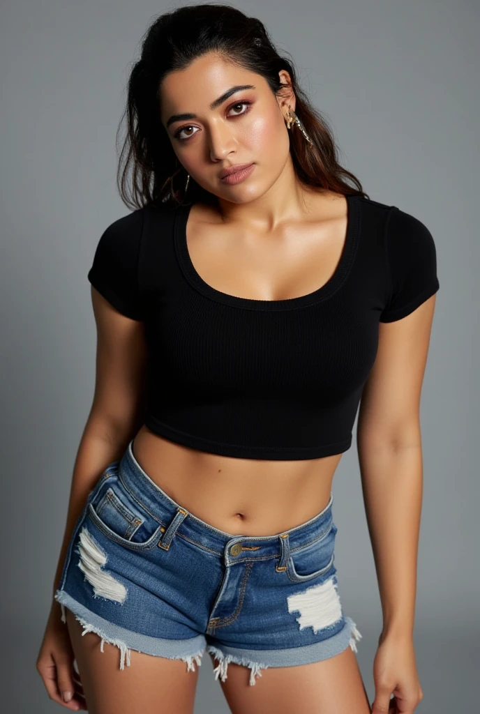 a woman in a basic gray top and jeans posing for a photo, wearing a cropped tops, usando um top cropped sexy, wearing a cropped top, smallest belly ever, exposed belly, manga larga cropped, slim waist and thick hips, Physicist : smallest belly ever, top cut, nude belly, beautiful belly
