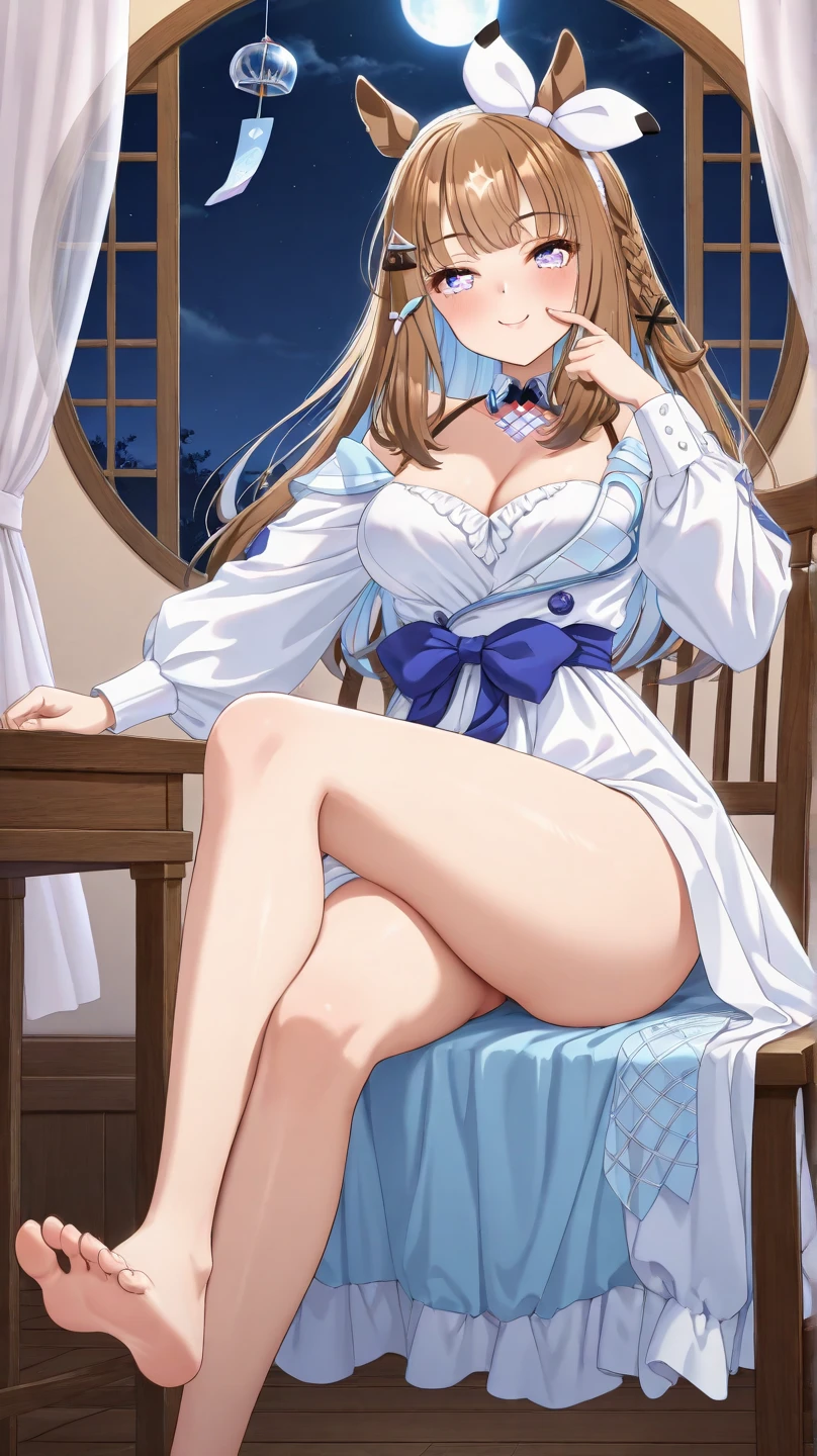 masterpiece, best quality, beautiful art, high resolution, well formed hands, body and fingers, 1 woman, solo, Meg, 3, hair ornament, adult, grown up, big breasted, cleavage, full body, braided long hair, blue_japanese_clothes, wearing DOA Kasumi's blue kunoichi dress, sexy and skimpy japanese clothes, kimono peek, sleeveless, panties peek, white stockings, gorgeous legs and thighs, dancing seductively and erotically, turning backwards and forwards, shaking her body alluringly , sweating , bouncing breasts, smiling joyfully, looking at the viewer, flirting, beach environment